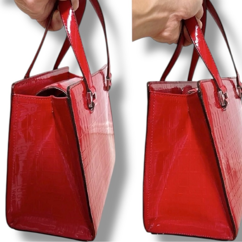 Authentic Burberry Red Patent Leather Embossed Check Design  Tote Bag - Picture 4 of 14